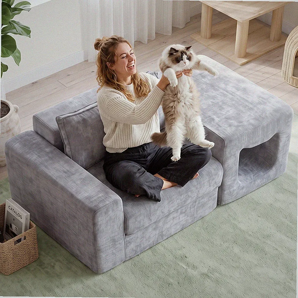 Chenille Modular Foam Sofa Built‑in Pet Cave Compressed No‑Assembly Pet Couch
