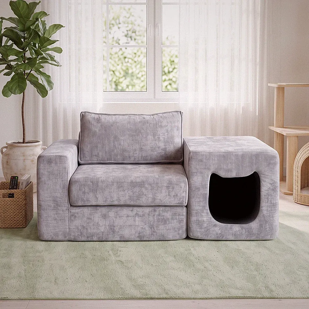 Chenille Modular Foam Sofa Built‑in Pet Cave Compressed No‑Assembly Pet Couch