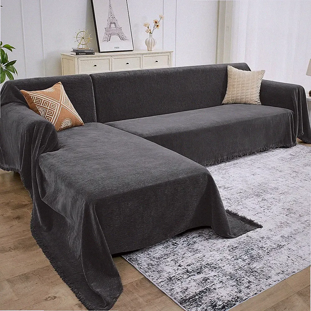 Chenille Sectional Couch Covers for Dogs, Washable L-Shaped Slipcovers, Gray