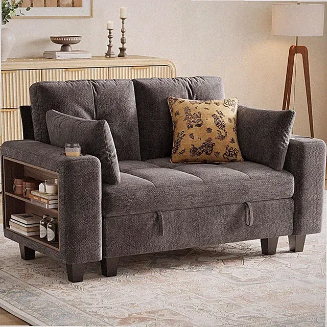 Chenille Sectional Couch with Side Shelf, 52" Loveseat, Grey