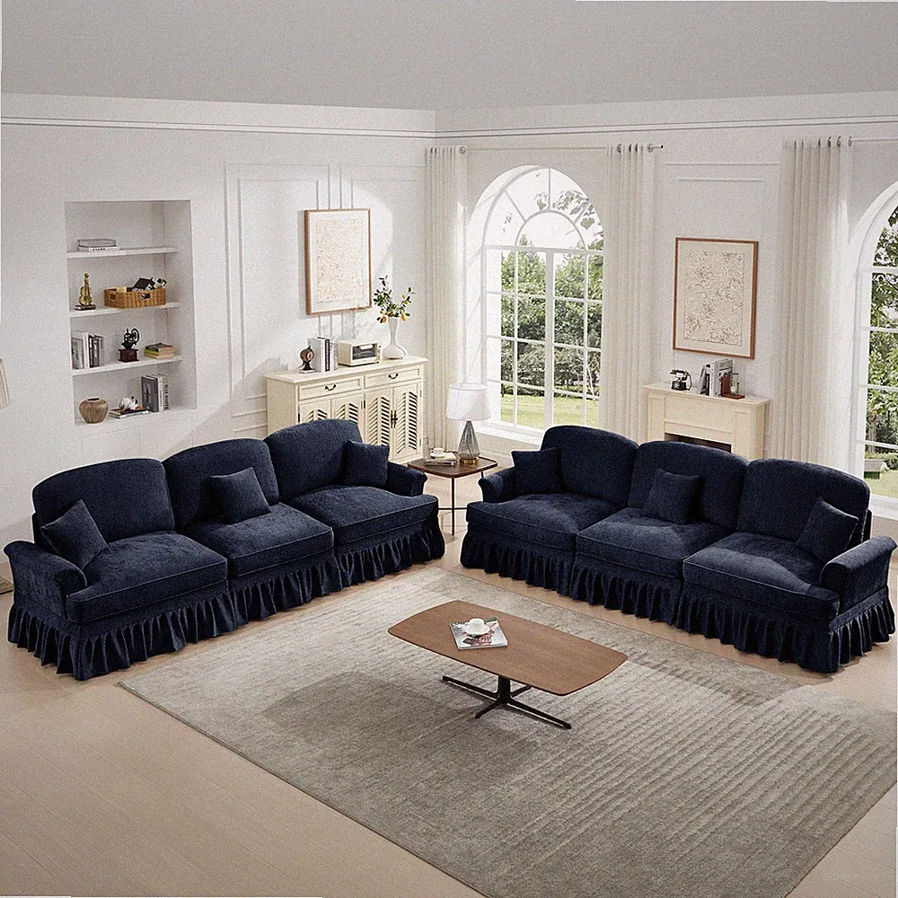 Chenille Sectional Sleeper Sofa w/ 3 Ottomans, Flared Arms, Blue
