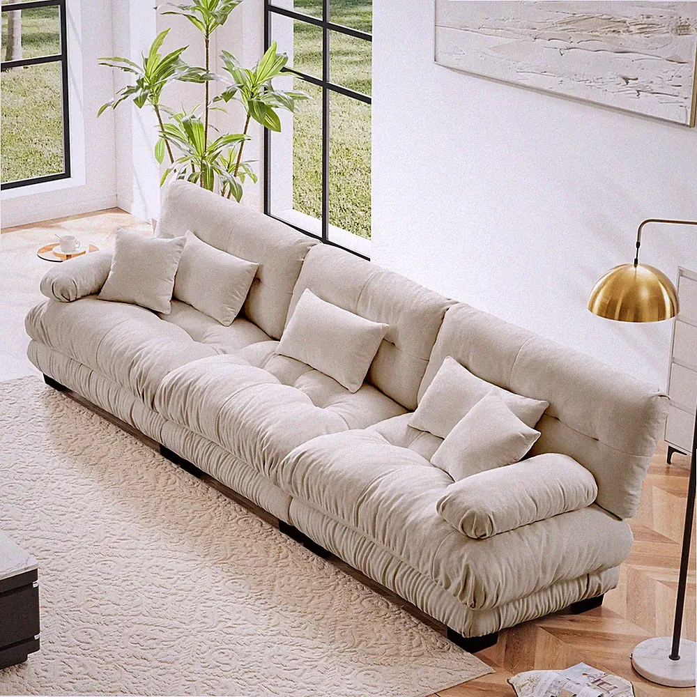 Chenille Sectional Sofa, 3-Seater Modular Deep Seat Couch, Light Coffee