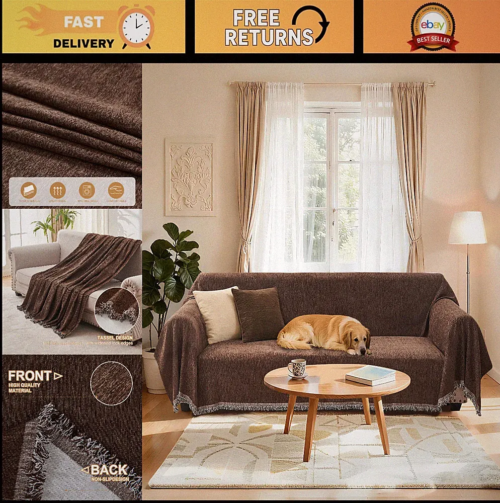 Chenille Sectional Sofa Cover, 71"x118", Soft Chocolate Couch Protector, Slipcov