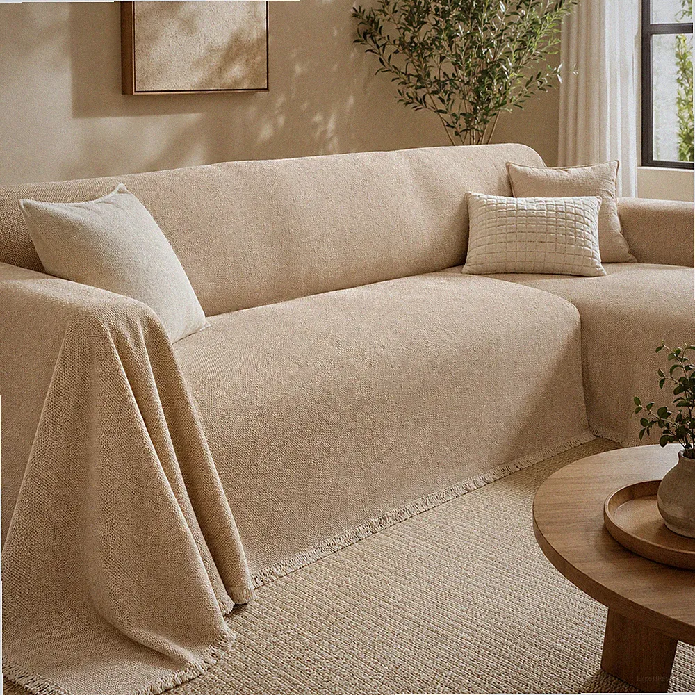 Chenille Sectional Sofa Slipcover Blanket Large 115"x71" Rug Mat Throw Beige