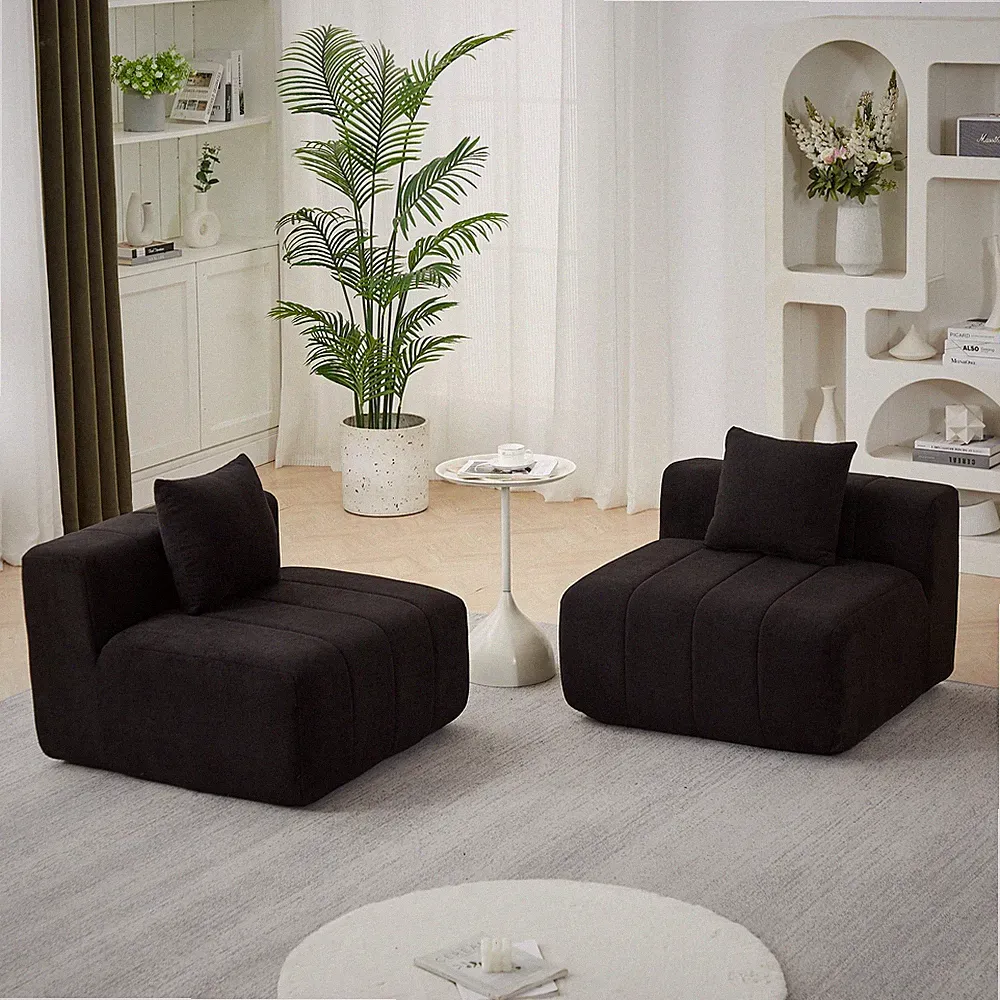 Chenille Sectional Sofa with Pillows, Modular Curved Design, Black