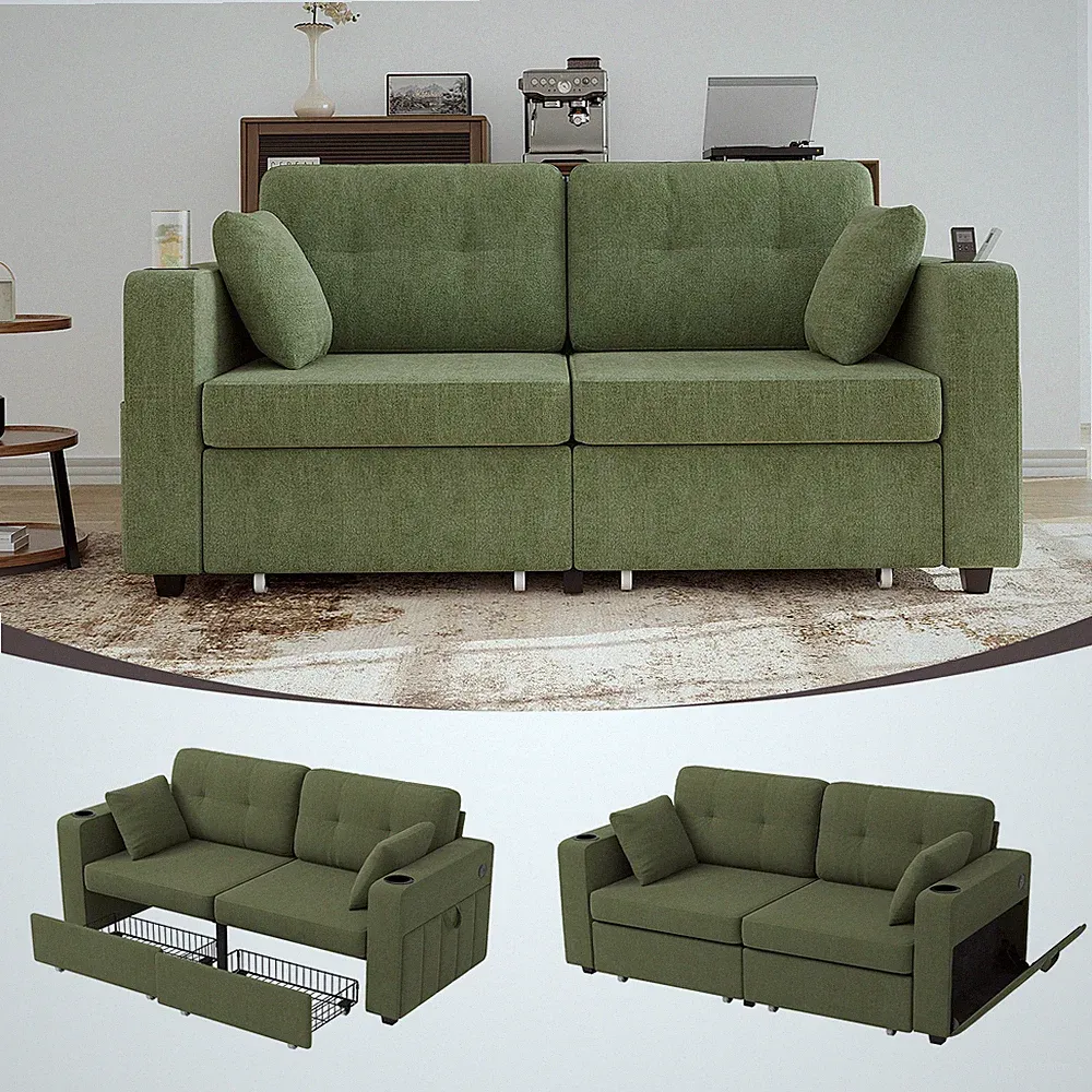 Chenille Sectional Sofa with USB Charging, Storage, and Cup Holder