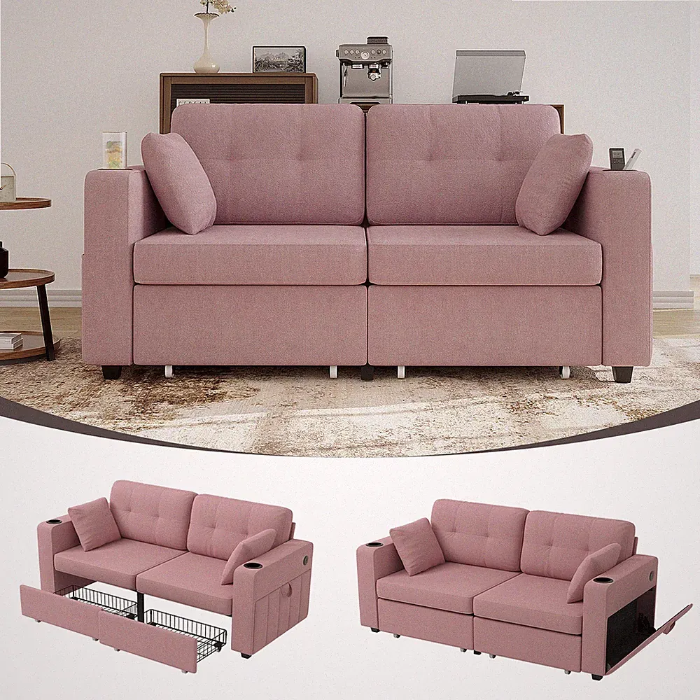 Chenille Sectional Sofa with USB Charging, Storage & Cup Holder