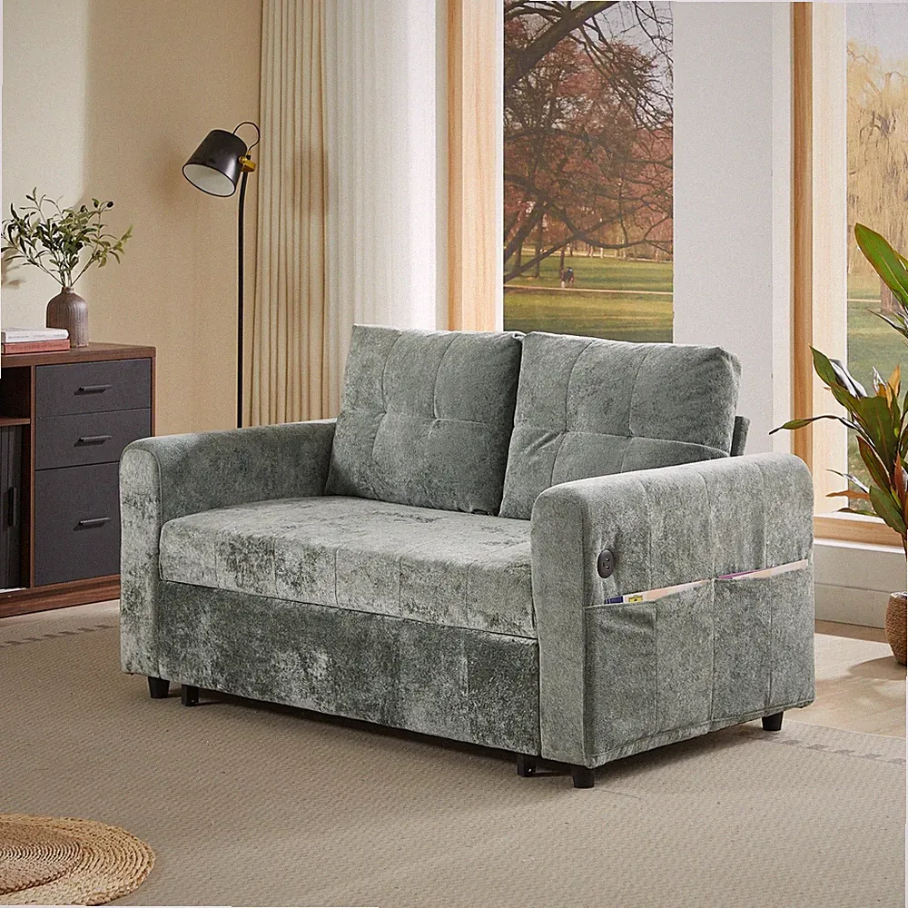 Chenille Sleeper Sofa Bed Loveseat Convertible with Pull Out Bed & USB Port