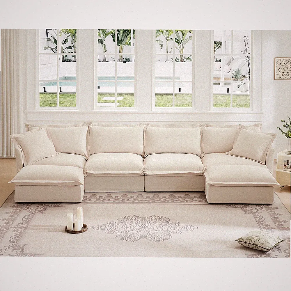 Chenille Slipcovered U-Shape Sectional Sofa, French Edges, 4-Seater