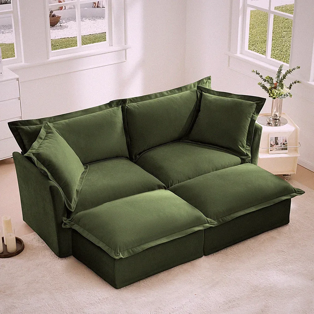Chenille Sofa & 2 Ottomans Convertible Sleeper Sofa Bed, Green, Home Theater