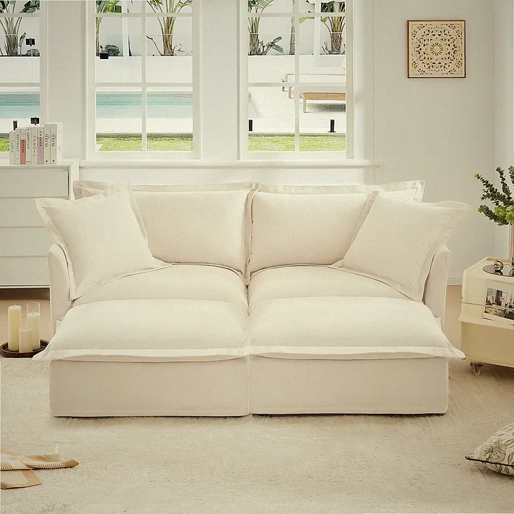 Chenille Sofa Bed w/ 2 Ottomans, 2-Seater Sleeper & Home Theater Sofa, Cream