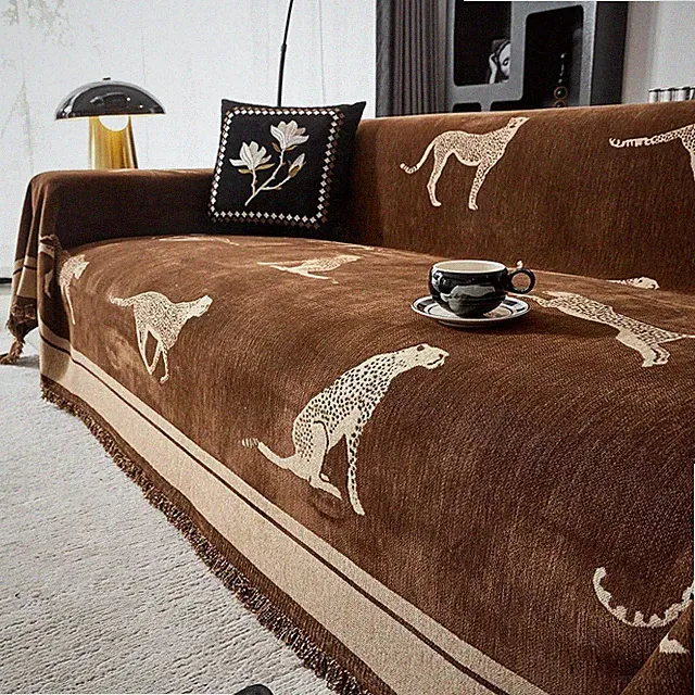 Chenille Sofa Cover 3 Seat Couch Slipcover Blanket Soft Protector Brown Leopard