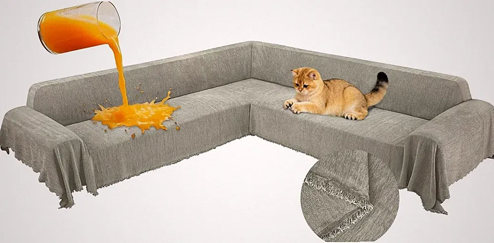 Chenille Sofa Cover L Shape Khaki Tassel 91x252