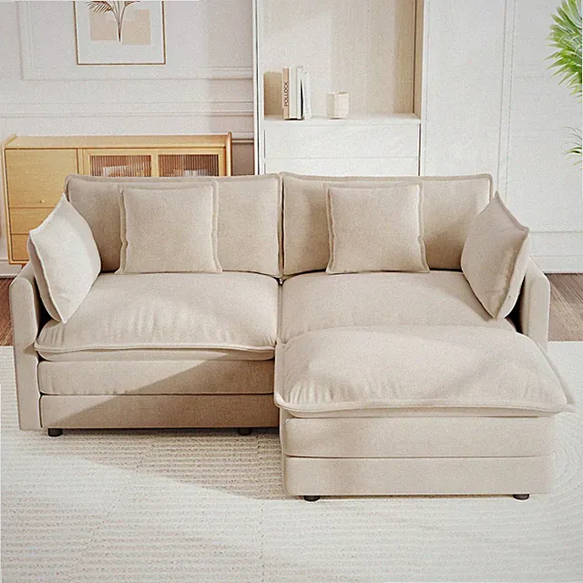 Chenille Two-Seater Sofa w/ 1 Footrest 2 Seater L-Shaped for Small Living Space