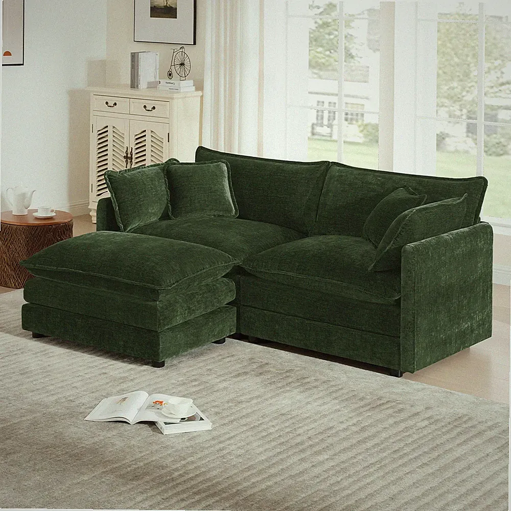 Chenille Two-Seater Sofa w/1 Footrest,2 Seater L-Shaped Sectional w/Ottoman,Love