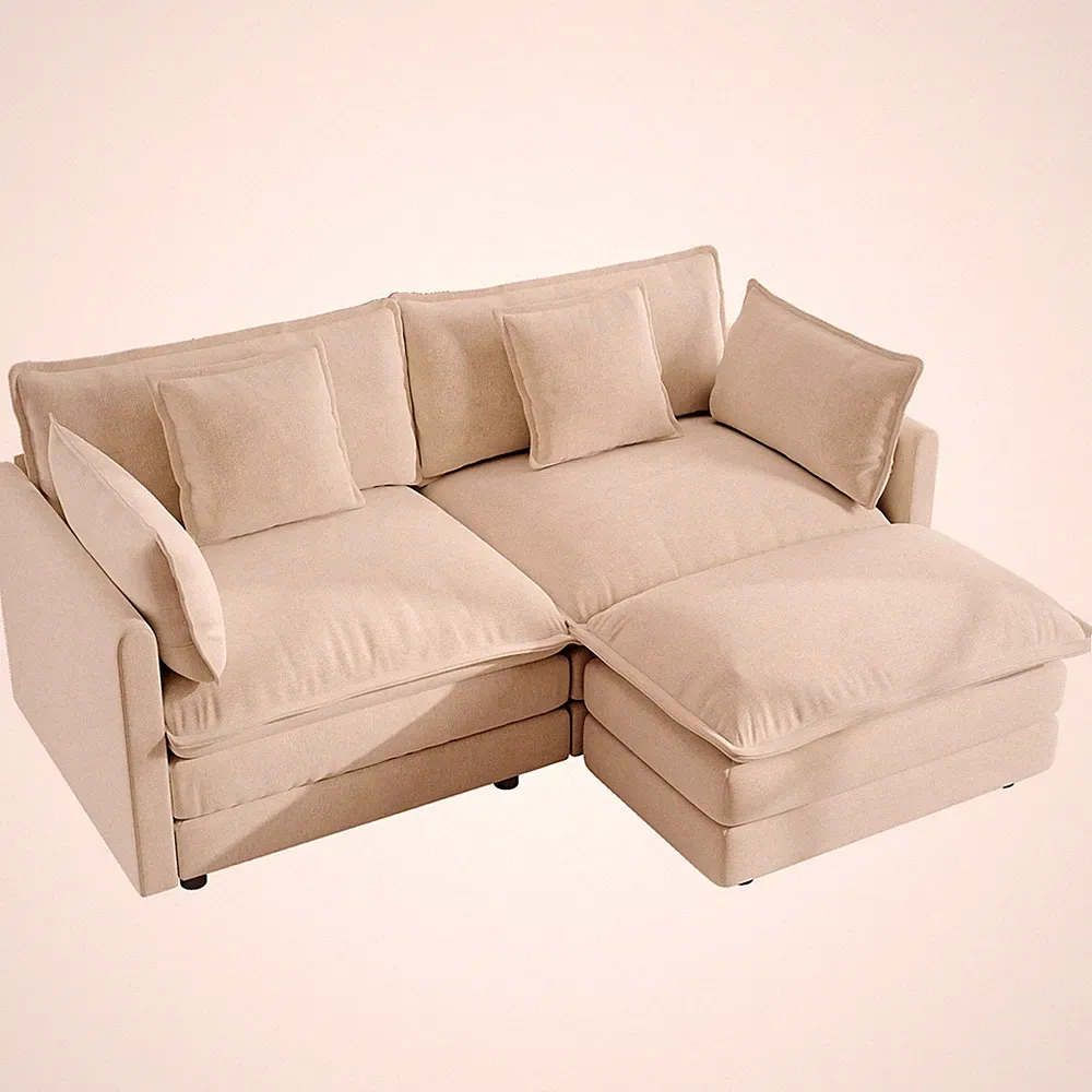 Chenille Two-Seater Sofa with 1 Footrest 2 Seater L-Shaped Sectional w/ Ottoman