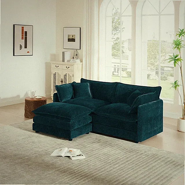 Chenille Two-Seater Sofa with 1 Footrest, 2 Seater L-Shaped Sectional with O