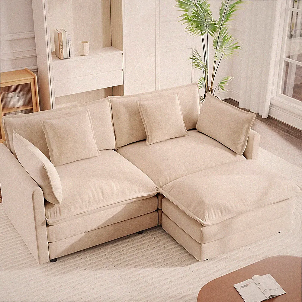 Chenille Two-Seater Sofa with Footrest -2 Seater Sectional Loveseat with Ottoman