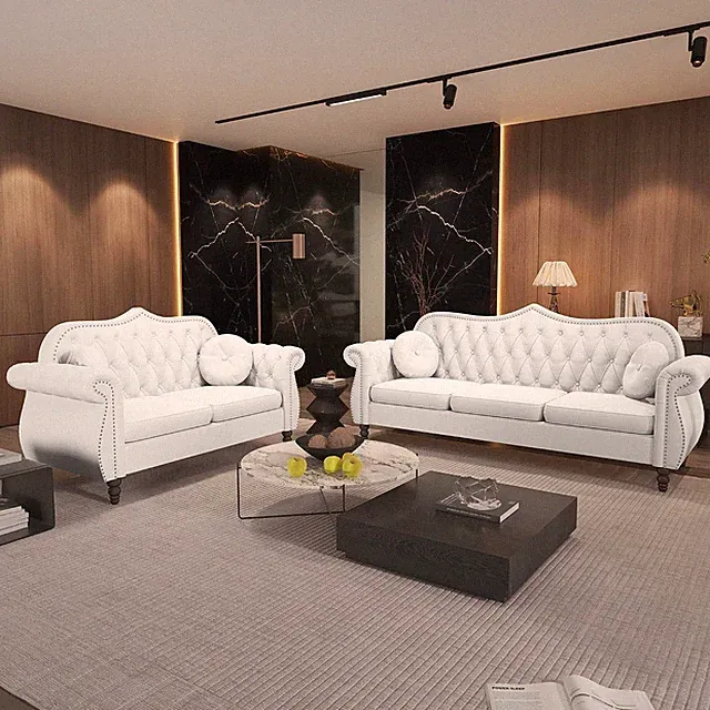 Chesterfield 2-Piece Living Room Sectional Sofa Set, Mid-Century Modern Upholste