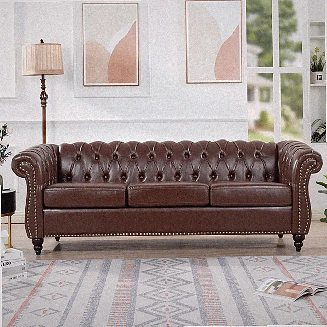 Chesterfield 3 Seats Faux Leather Sofa Button Tufted Couch With Nailhead Trim
