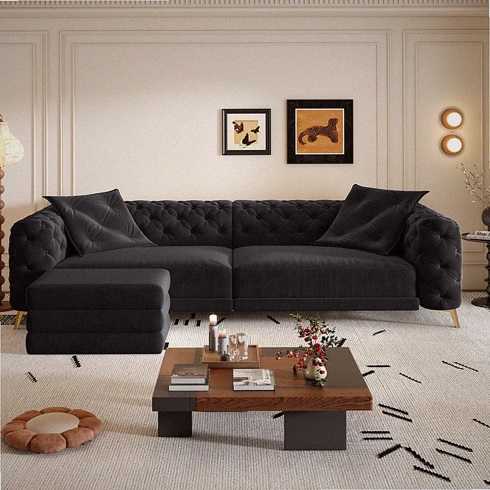 Chesterfield Convertible Pull Out Sofa Bed Button Tufted Velet Couch w/ Ottoman