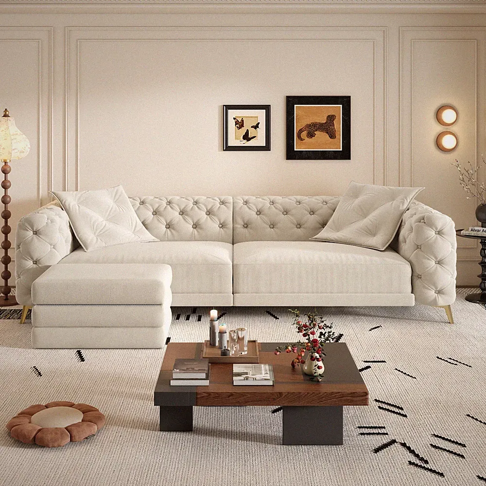 Chesterfield Convertible Pull Out Sofa Bed Button Tufted Velet Couch w/ Ottoman