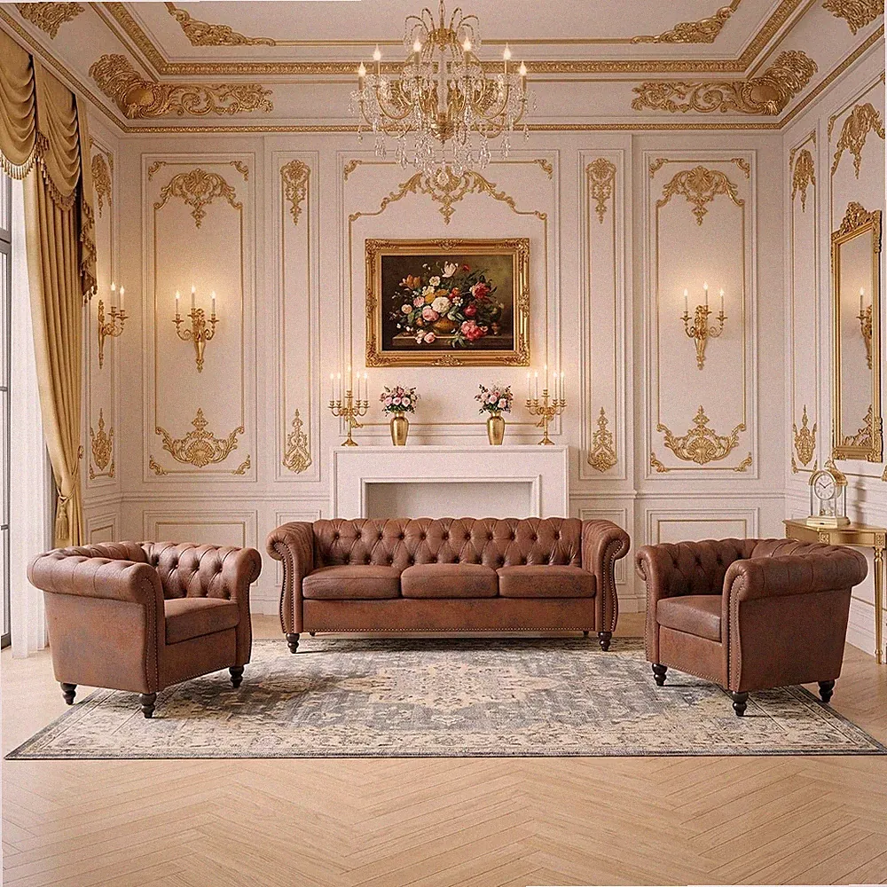 Chesterfield Faux Leather 3-Piece Sofa Set,2 Tufted Armchairs & 3-Seater Section