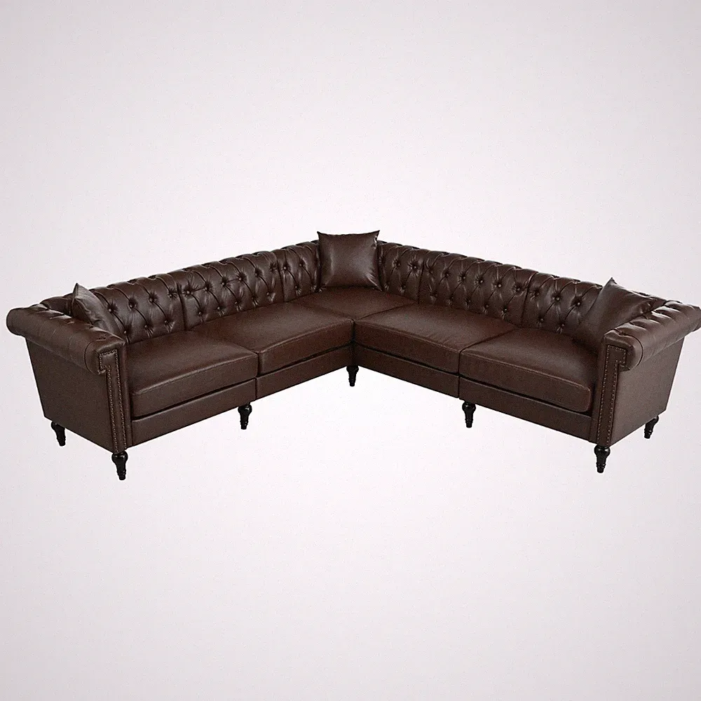 Chesterfield Faux Leather L-Shaped Sectional Sofa Button Tufted Modular Couch