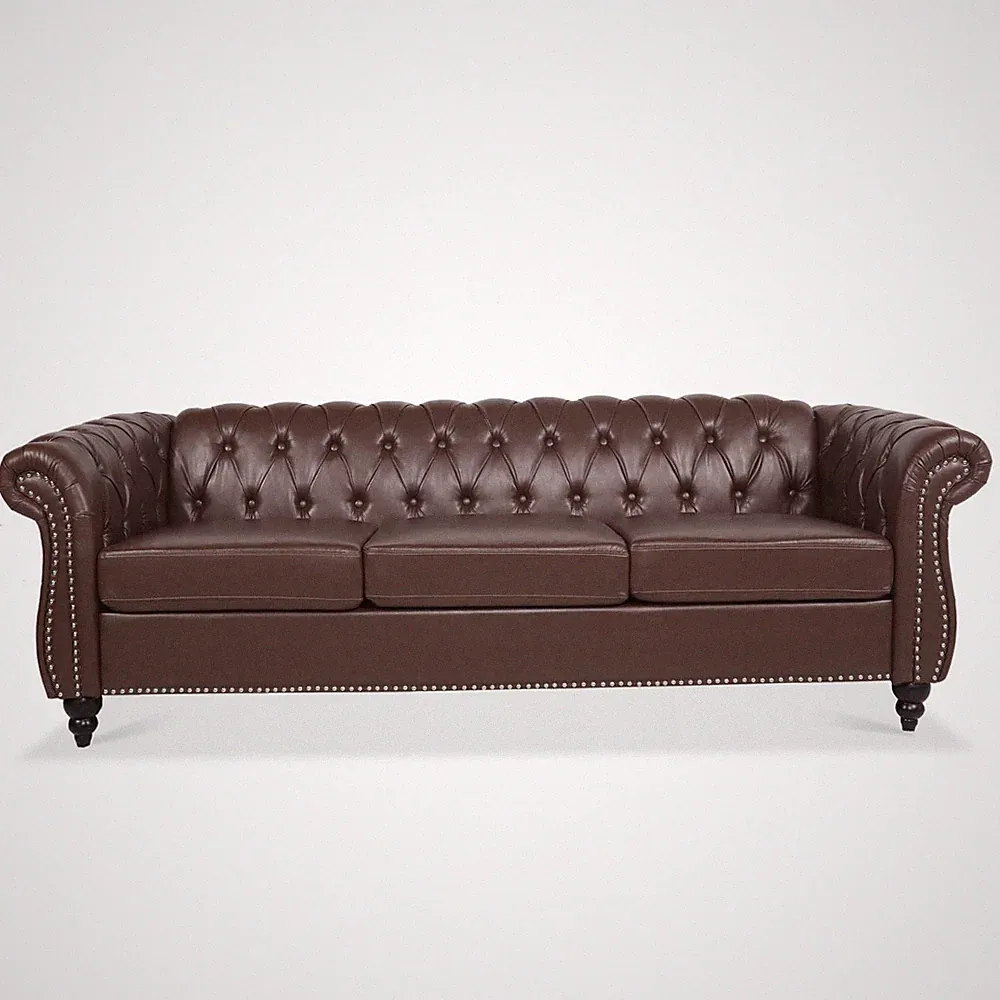Chesterfield Faux Leather Sofa 3 Seats Button Tufted Couch With Nailhead Trim