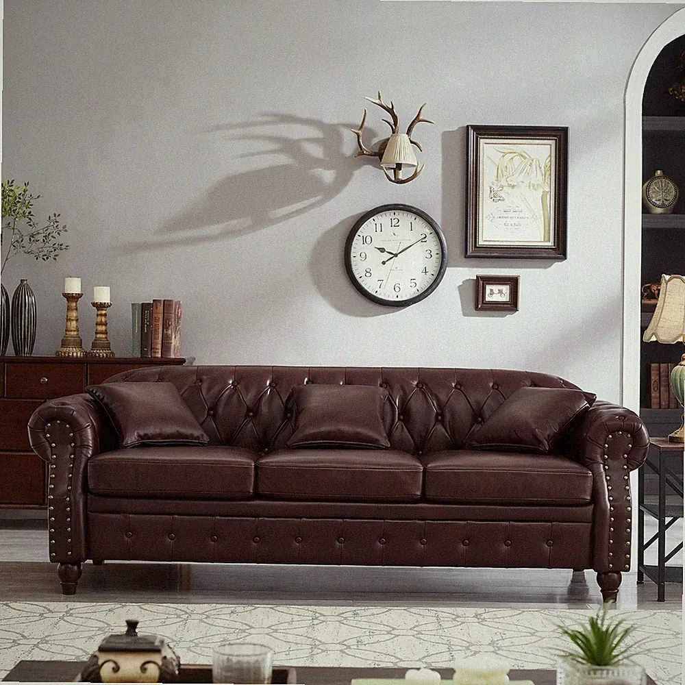 Chesterfield Faux Leather Sofa Button Tufted Couch With Storage Nailhead Trim