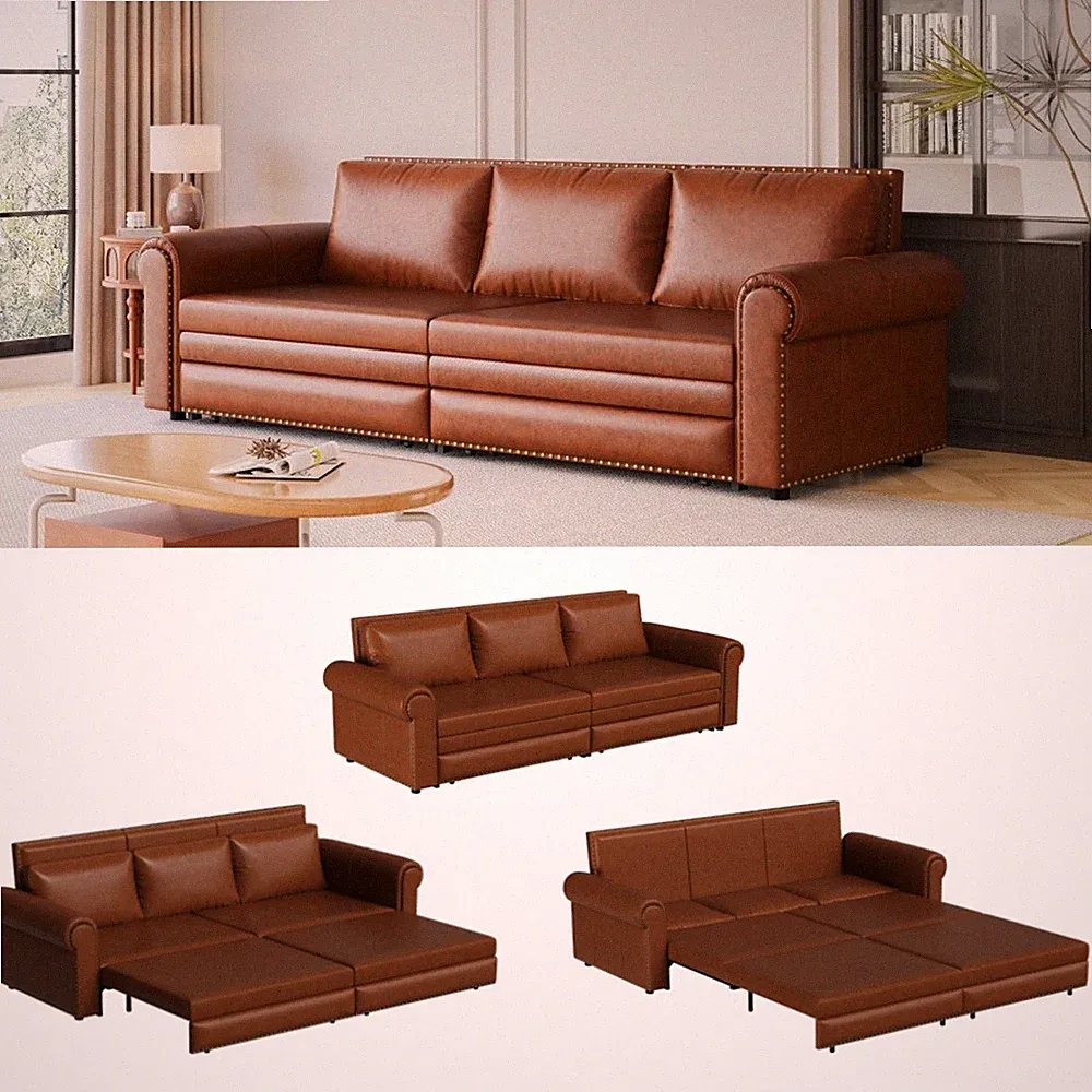 Chesterfield King Pull Out Sofa Bed 3-in-1 Faux Leather Nailhead Trim Rolled Arm