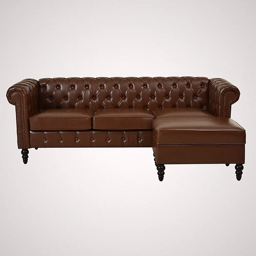 Chesterfield L-Shaped Faux Leather Sofa Button Tufted Couch With Storage Ottoman