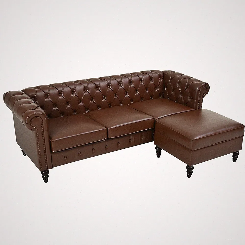 Chesterfield L-Shaped Faux Leather Sofa Button Tufted Couch With Storage Ottoman