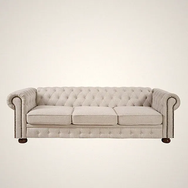 Chesterfield Linen 3-Seater Sofa Button Tufted Couch w/ Nailhead Trim Round Arm