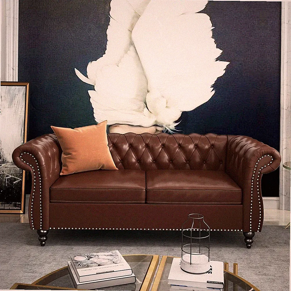 Chesterfield Loveseat, Modern Leather Sofa Tufted Couch 2 Seater with Rolled Arm