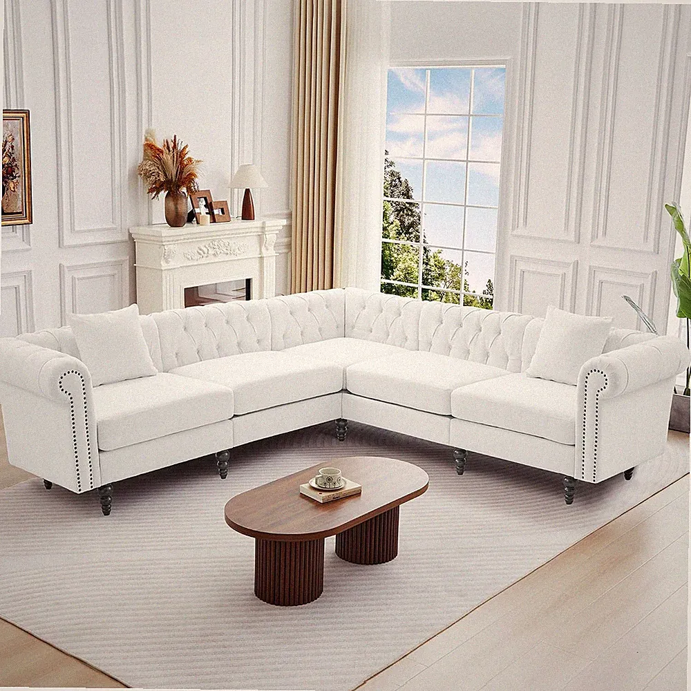 Chesterfield Modular Sectional Sofa, Comfy Linen Fabric Couch Sectional with 2 P