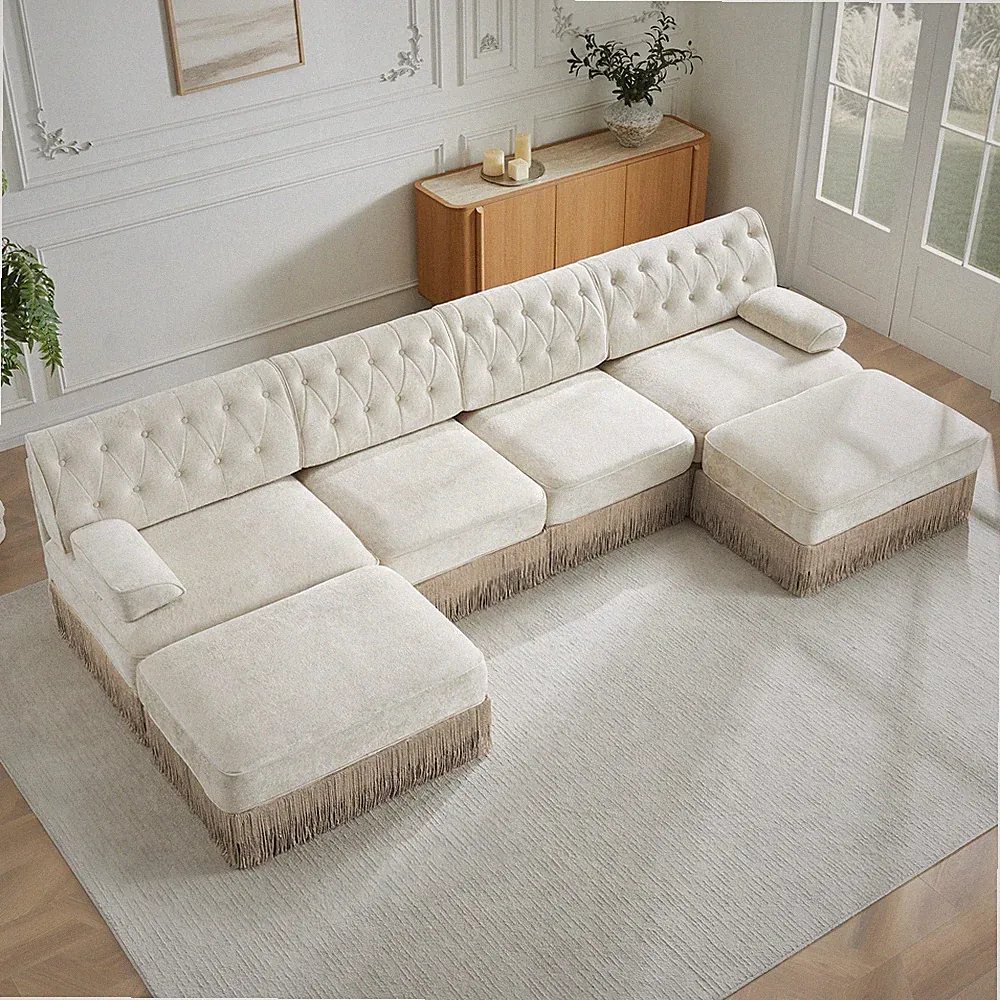 Chesterfield Modular Sectional Sofa with Ottoman, 4-Seater, Beige Velvet