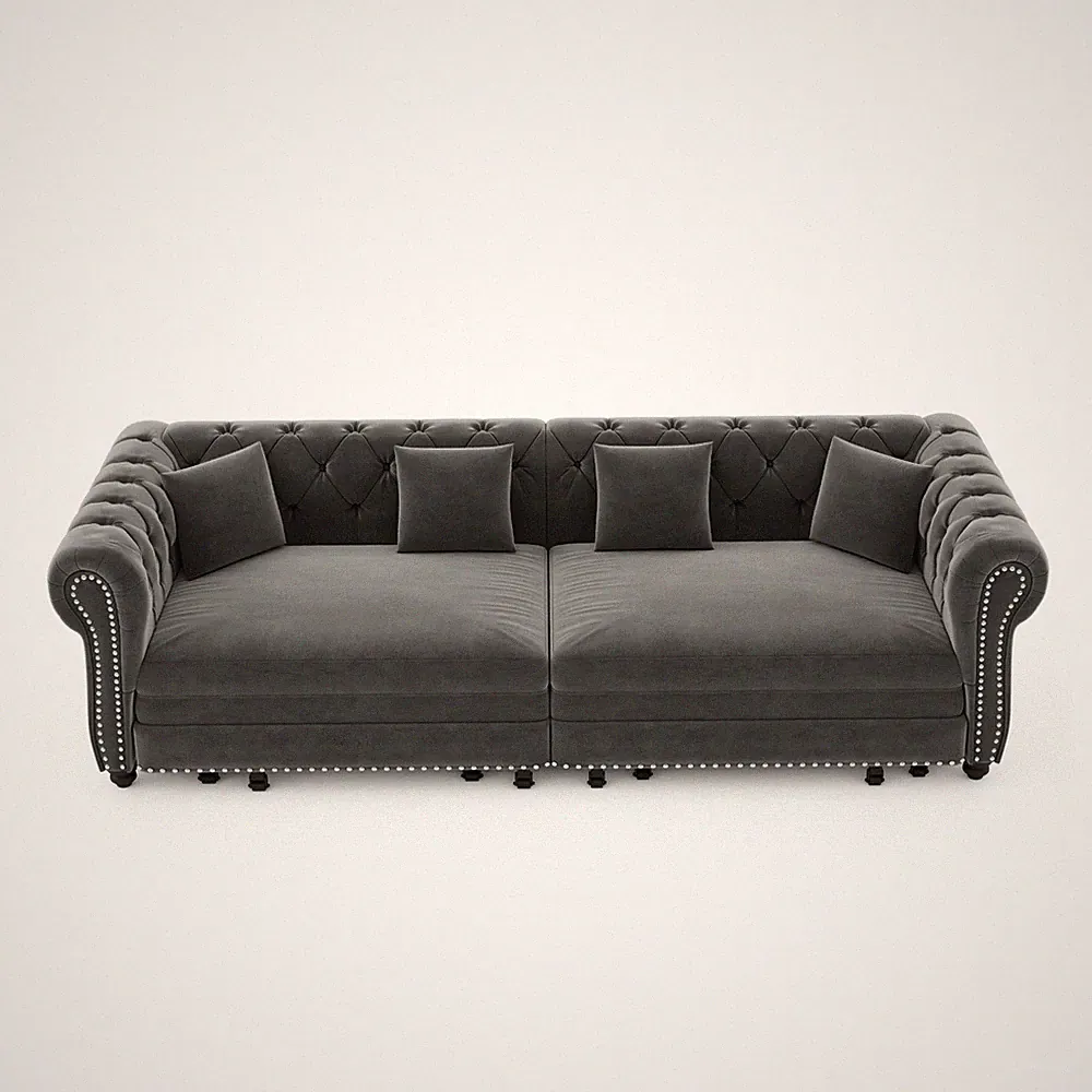 Chesterfield Pull Out Convertible Sofa Bed Velvet Couch w/ Ottoman Nailhead Trim