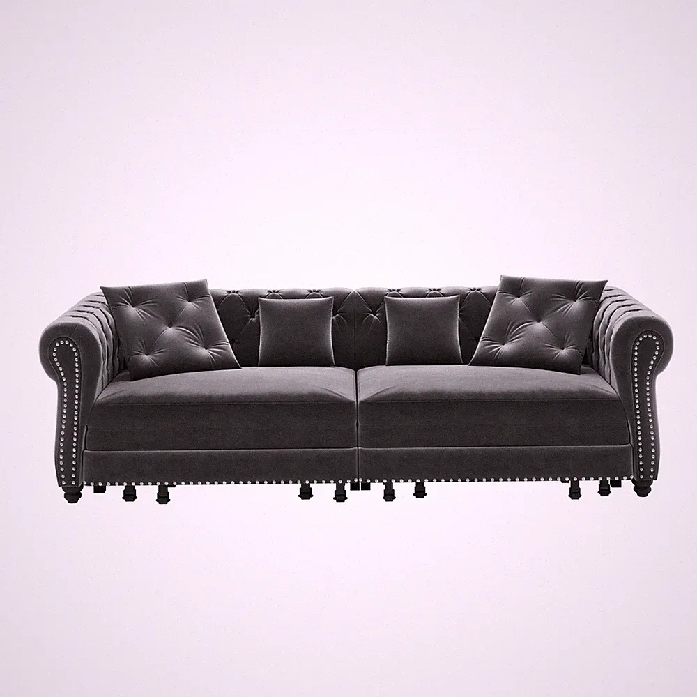 Chesterfield Pull Out Convertible Sofa Bed Velvet Couch w/ Ottoman Nailhead Trim