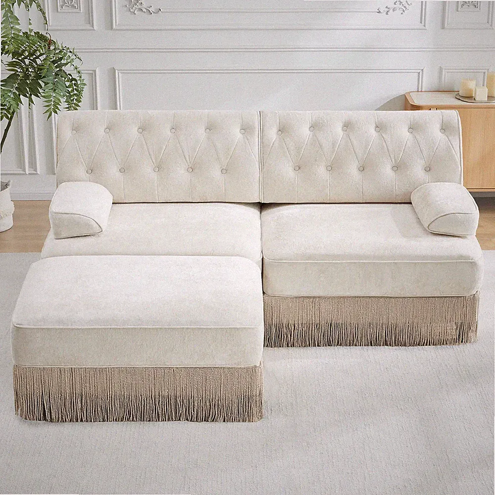 Chesterfield Sectional Sofa Velvet Fabric with Tassel Skirt Beige