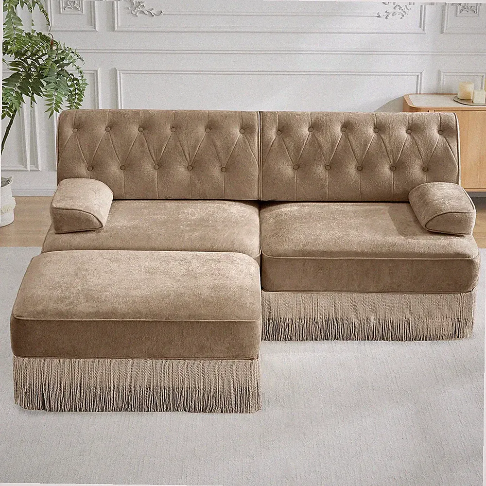 Chesterfield Sectional Sofa Velvet Fabric with Tassel Skirt Camel