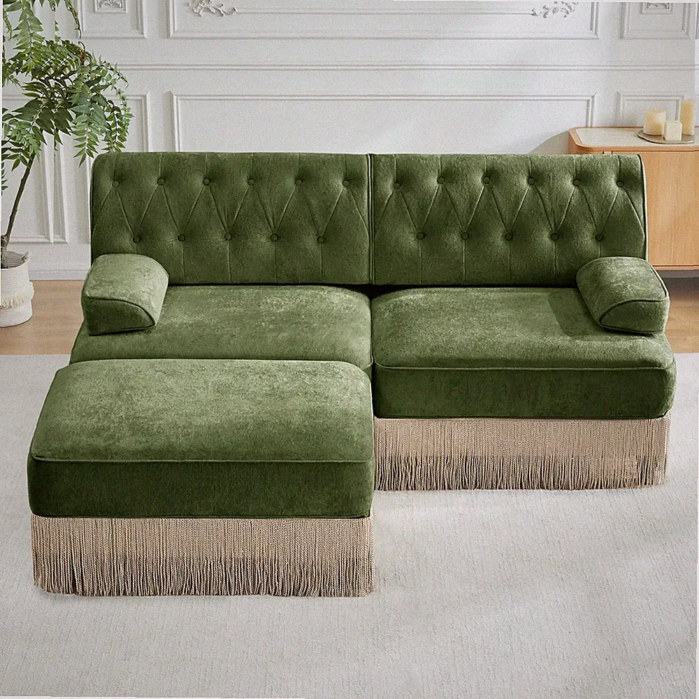 Chesterfield Sectional Sofa Velvet Fabric with Tassel Skirt Green