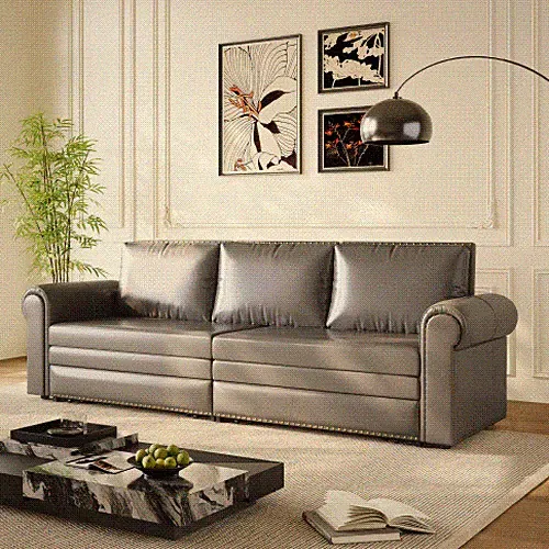 Chesterfield Sofa,93.7" King Pull Out Sofa Bed,3-in-1 Faux Leather Convertible