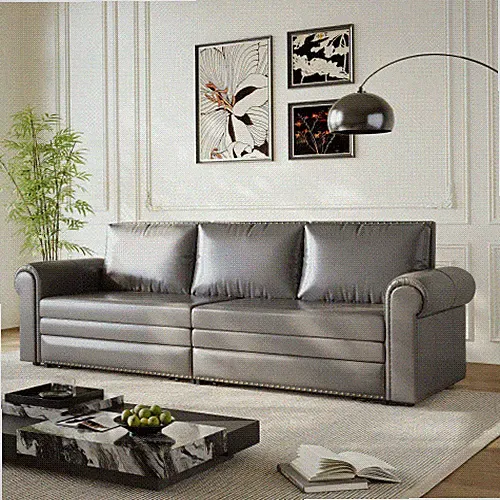 Chesterfield Sofa,93.7" King Pull Out Sofa Bed,3-in-1 Faux Leather Convertible S
