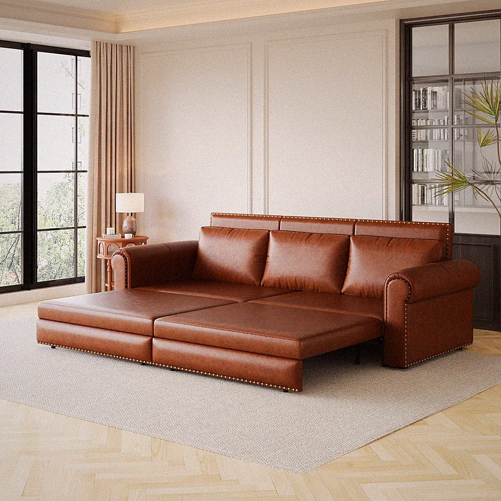 Chesterfield Sofa,93.7" King Pull Out Sofa Bed,3-in-1 Faux Leather Sleeper Sofa