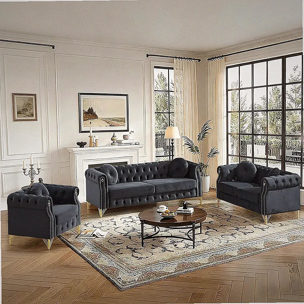Chesterfield Sofa Couch Set, Button Tufted Sectional 6-Seater Black