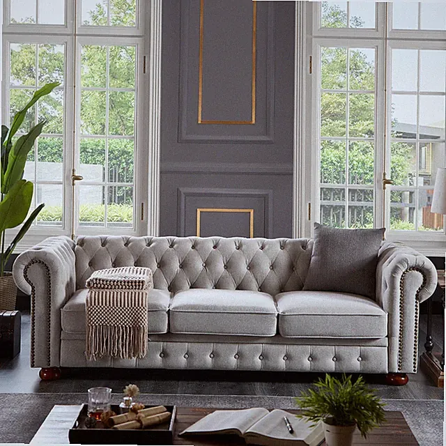 Chesterfield sofa in linen fabric (Light Grey)