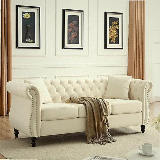 Chesterfield Sofa, Retro Style Upholstered 3 Seater Velvet Couch with Rolled Arm