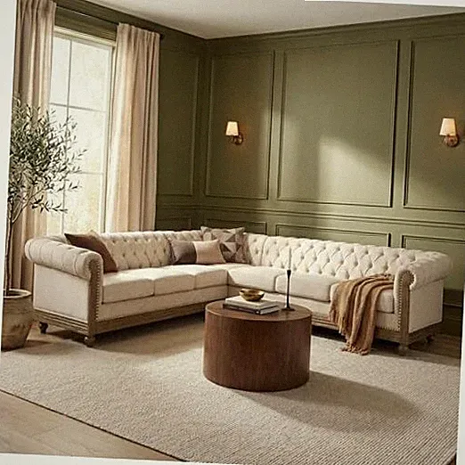 Chesterfield Sofa, Retro Upholstereder Rolled Arm Couch for 6 Seat Beige