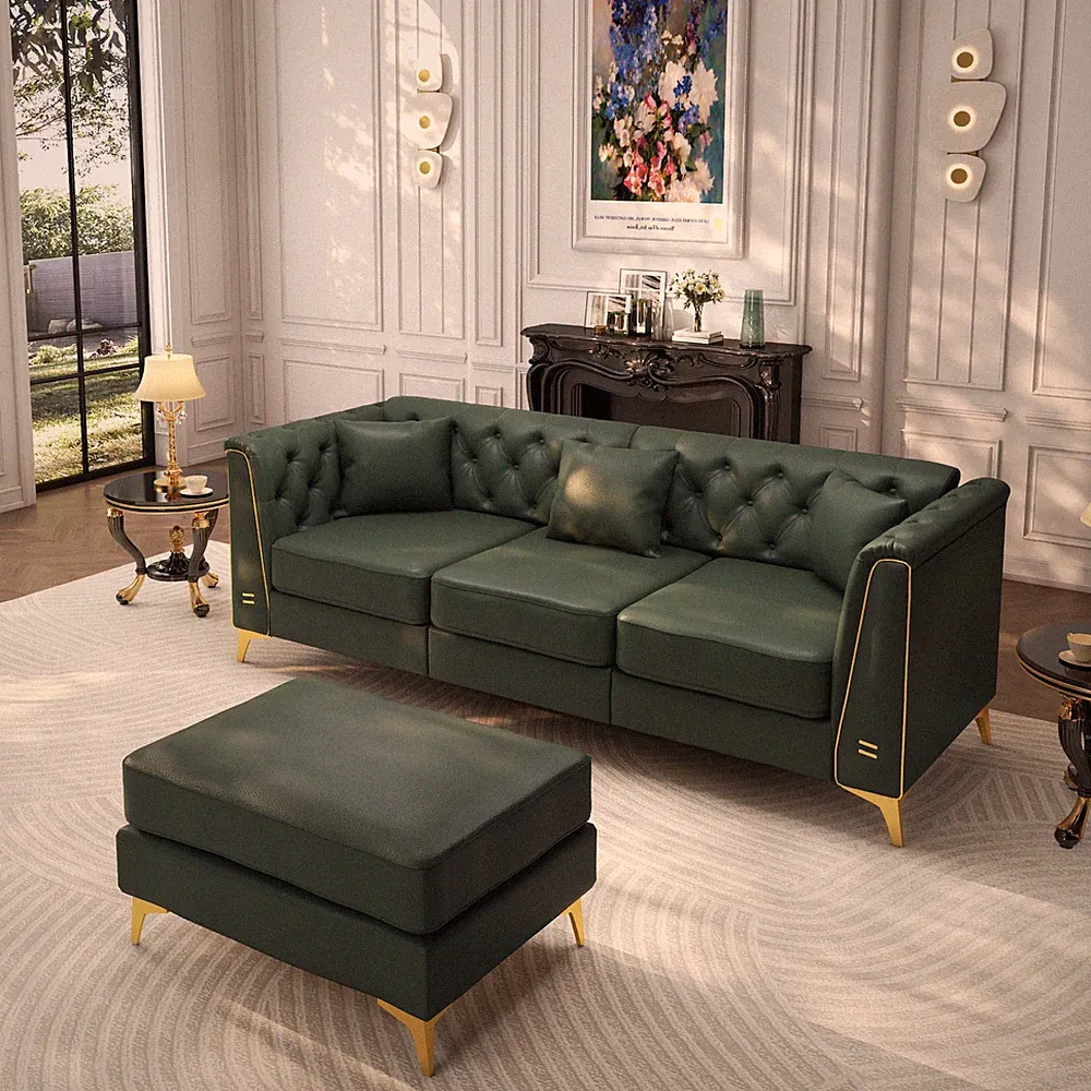 Chesterfield Sofa w/ Ottoman Button Tufted Faux Leather Sectional Couch Green